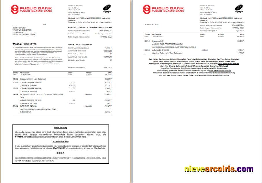 Editable Malaysia Public Islamic Bank Statement Word And PDF Template, 2 Pages