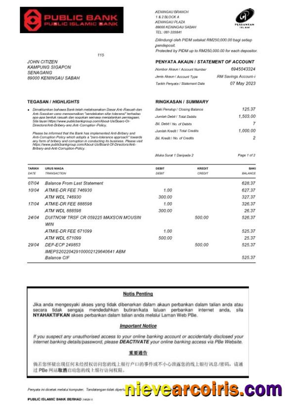 Editable Malaysia Public Islamic Fake Bank Statement Word And PDF Template, 2 Pages