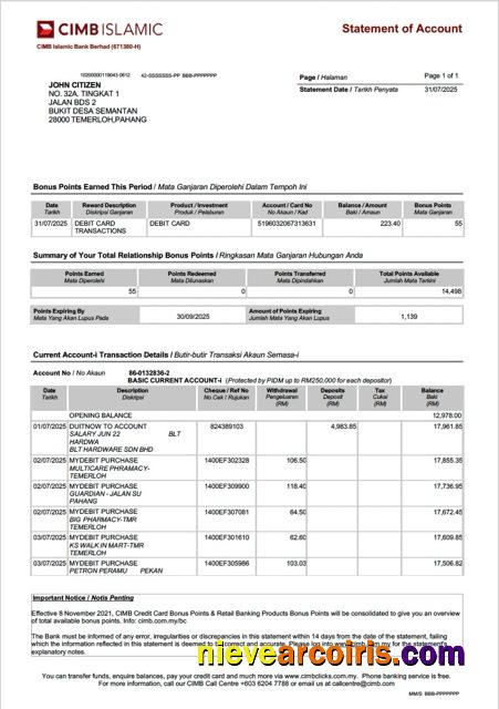 Realistic Malaysia CIMB Islamic Bank Statement Of Account Word And PDF Template