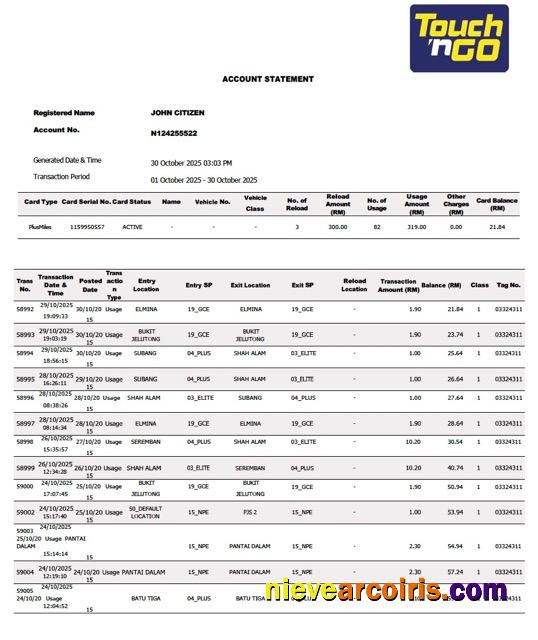 Editable Malaysia Touch'n Go Account Statement Word And PDF Template