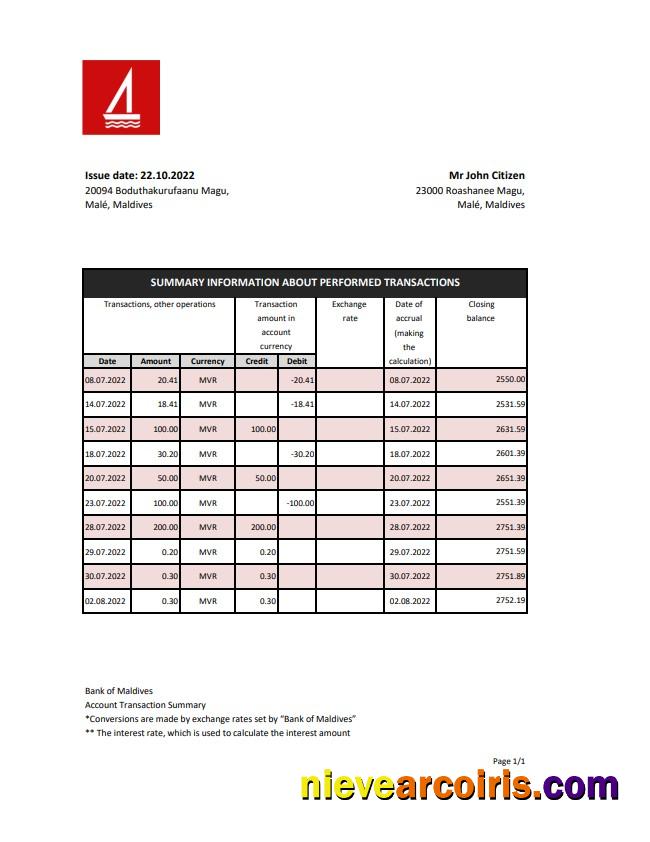 Maldives Bank Of Maldives Statement Sample