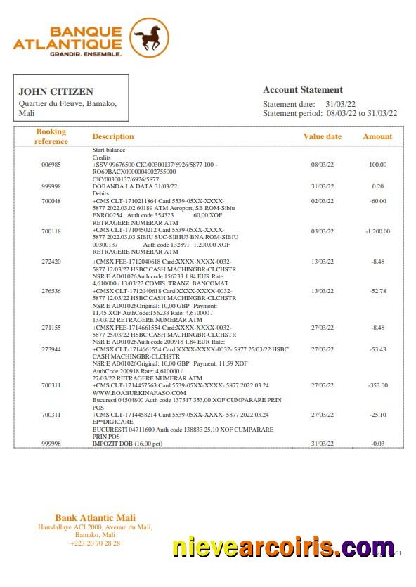 Professional Mali Banque Atlantiaque Bank Statement Template In Word And PDF Format, .doc And .pdf Format