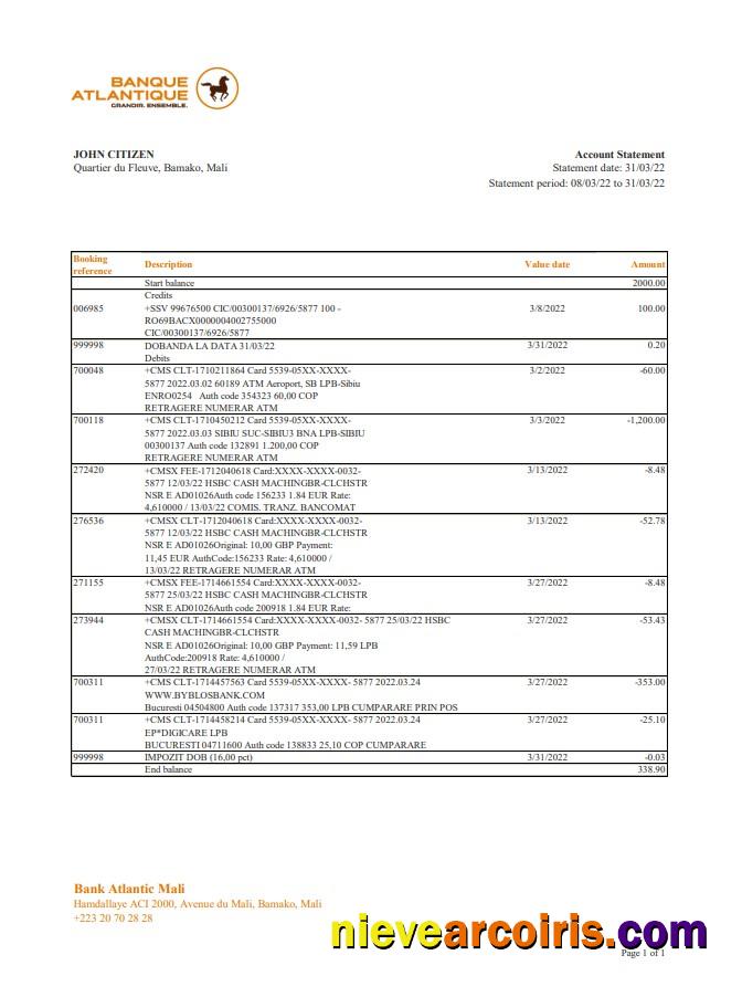 Mali Banque Atlantiaque Bank Statement Preview