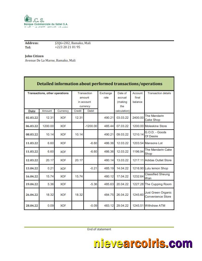 Mali Banque Commerciale Du Sahel Bank Statement Sample