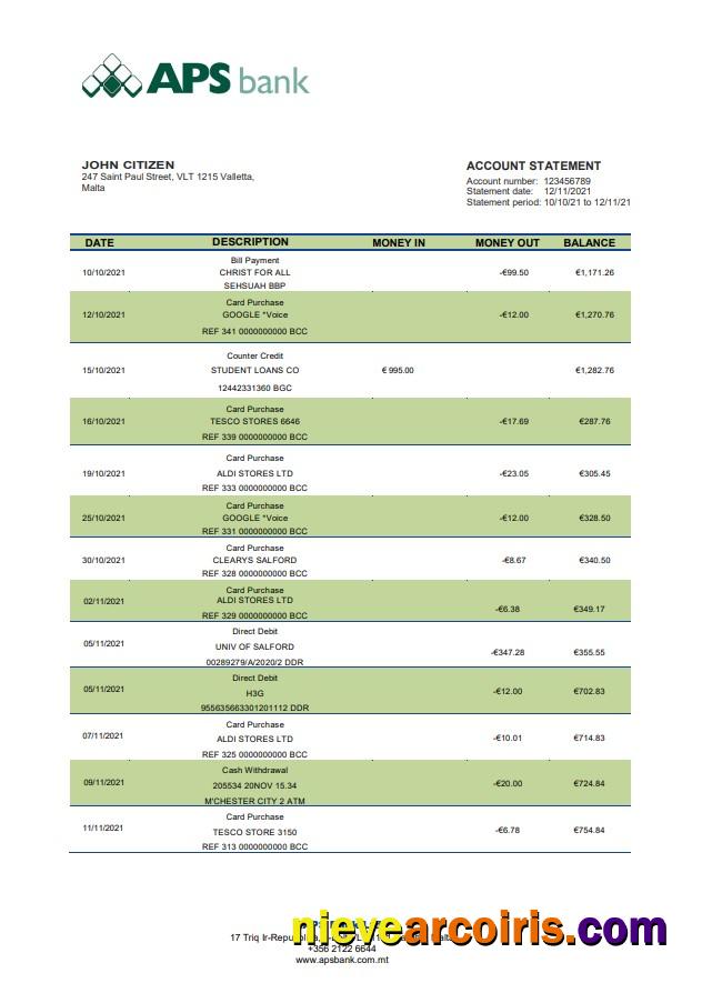 Malta APS Bank Statement Photolook