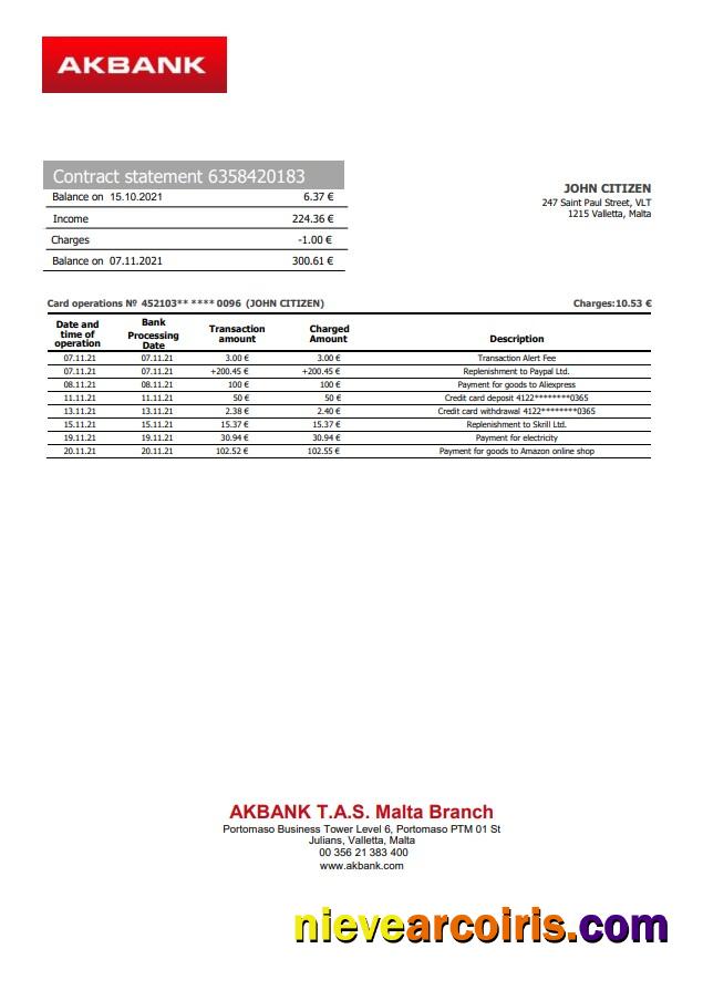 Malta Akbank Bank Statement Template