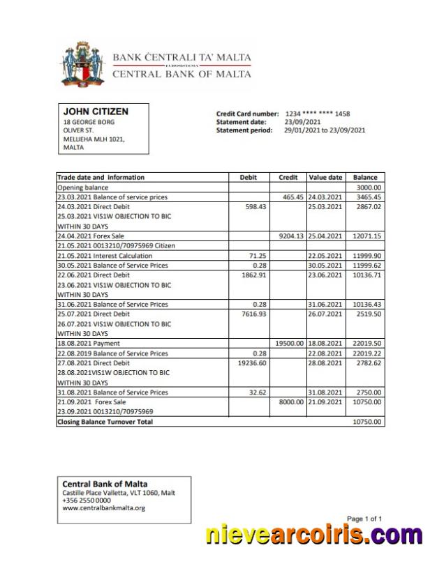 Professional Malta Central Bank Of Malta Bank Statement Easy To Fill Template In Excel And PDF Format