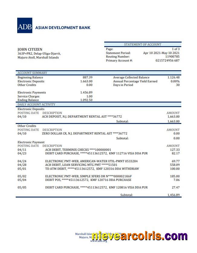 Marshal Islands ADB Bank Statement Preview
