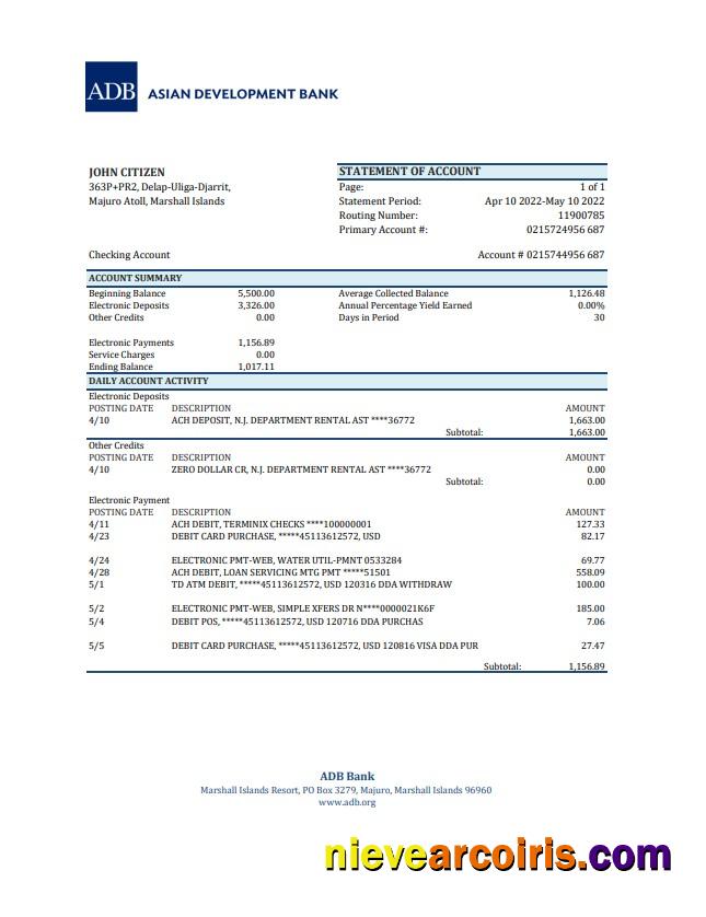 Marshall Islands ADB Bank Statement Xls Template