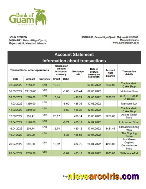 Marshall Islands Bank Of Guam Bank Statement Template