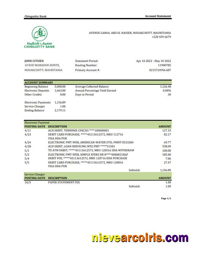 Mauritania Chinguitty Bank Statement Sample
