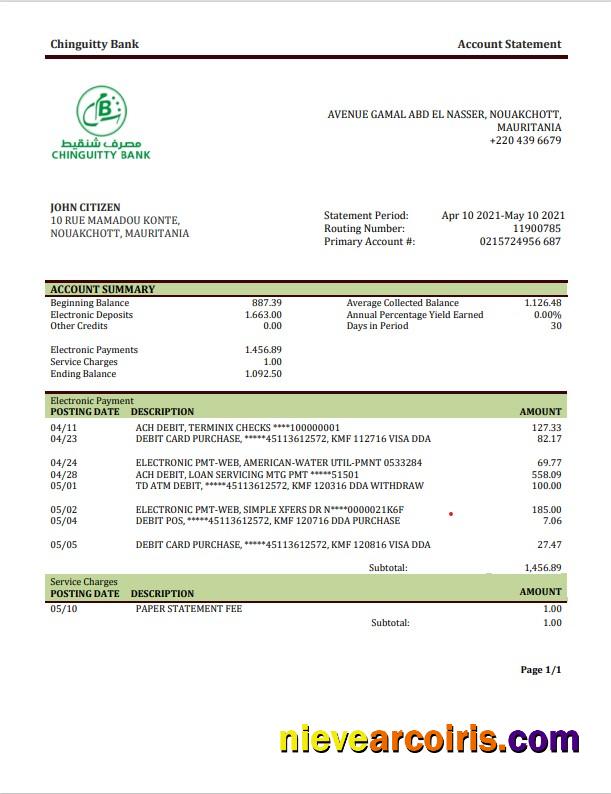 Realistic Mauritania Chinguitty Bank Statement Template In Word And PDF Format