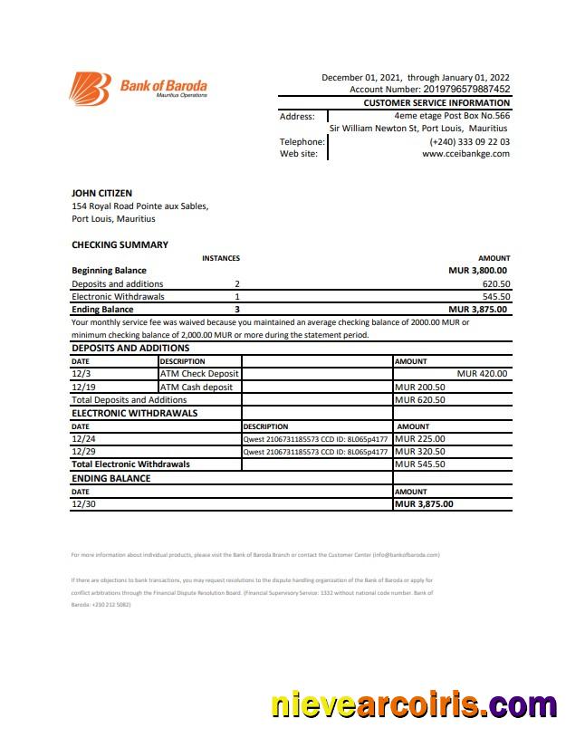 Mauritius Bank Of Boroda Bank Statement Preview