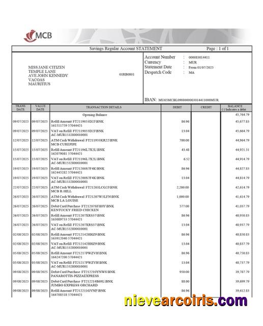 Premium Mauritius Commercial Bank (MCB) Account Statement Word And PDF Template