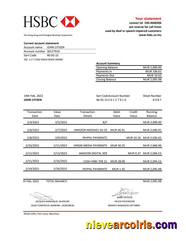 Mauritius HSBC Bank Statement Template