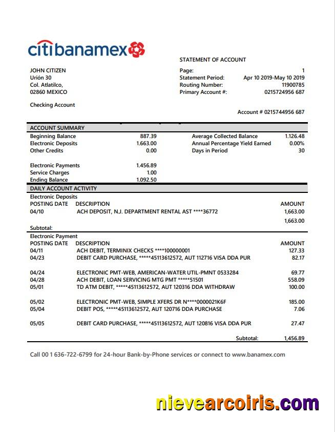 Mexico Citibanamex Bank Statement Preview
