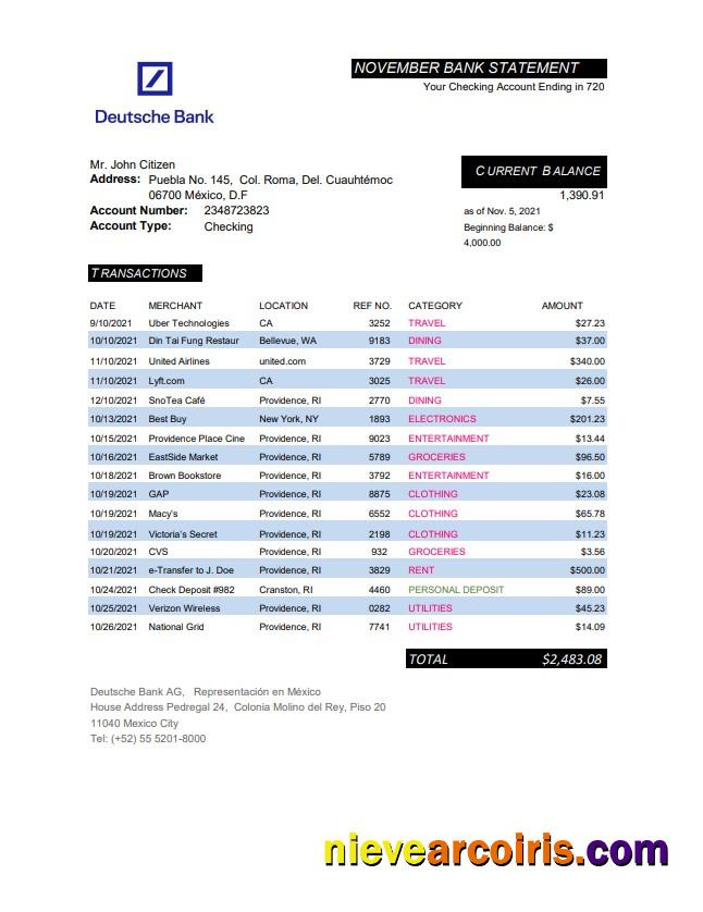 Professional Mexico Deutsche Bank Statement Easy To Fill Template In Excel And PDF Format
