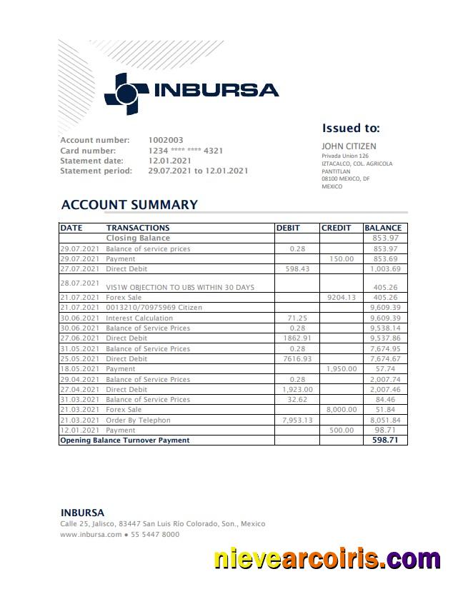 Premium Mexico Inbursa Bank Statement Easy To Fill Template In Excel And PDF Format