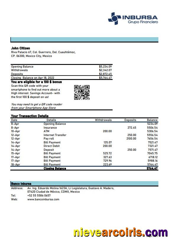 Mexico Inbursa Bank Xls VERSION 2 Sample