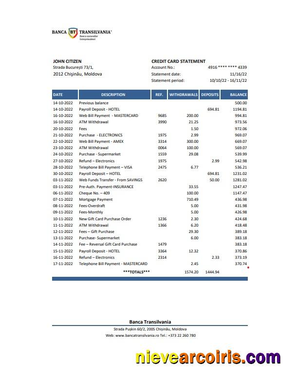 Realistic Moldova Banca Transilvania Bank Statement Excel And PDF Template