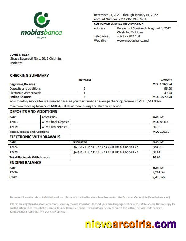 Realistic Moldova Mobiasbanca Bank Statement Template In Word And PDF Format