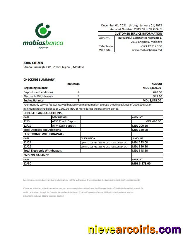 Moldova Mobiasbanca Bank Statement Preview
