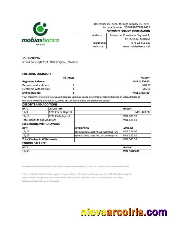 Moldova Mobiasbanca Statement Word And PDF Example Sample