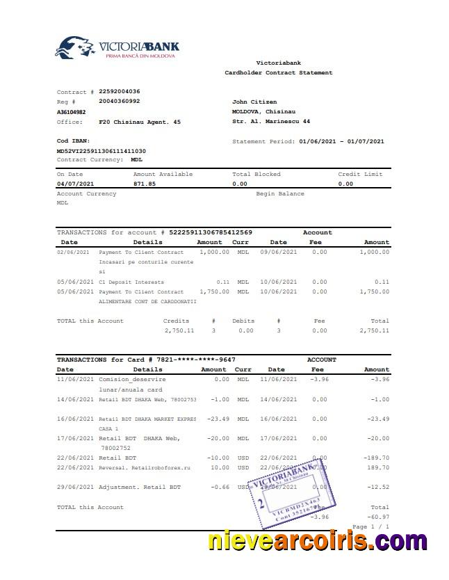Moldova Victoriabank Excel Pdf Template