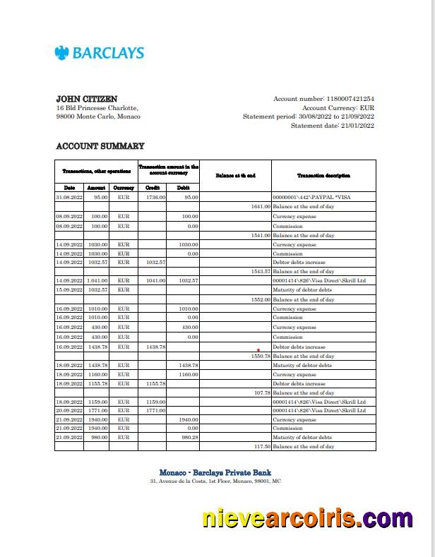 Professional Monaco Barclays Private Bank Statement Excel And PDF Template