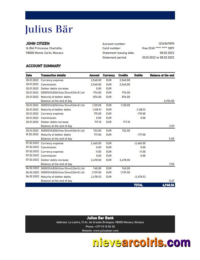 Monaco Julius Bar Bank Statement Xls Sample
