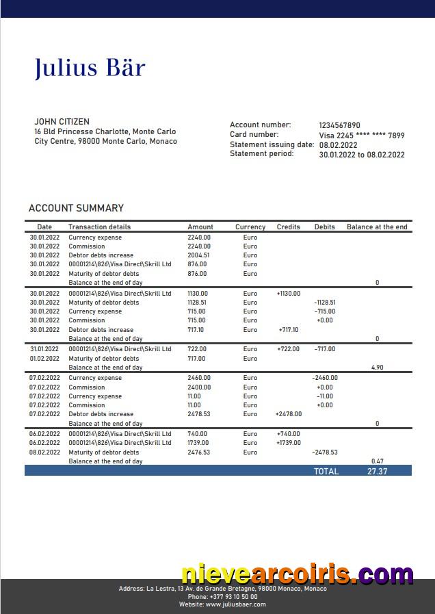 Monaco Julius Bar Bank Statement Sample