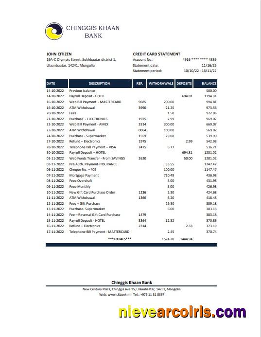 Realistic Mongolia Chinggis Khaan Bank Excel And PDF Template