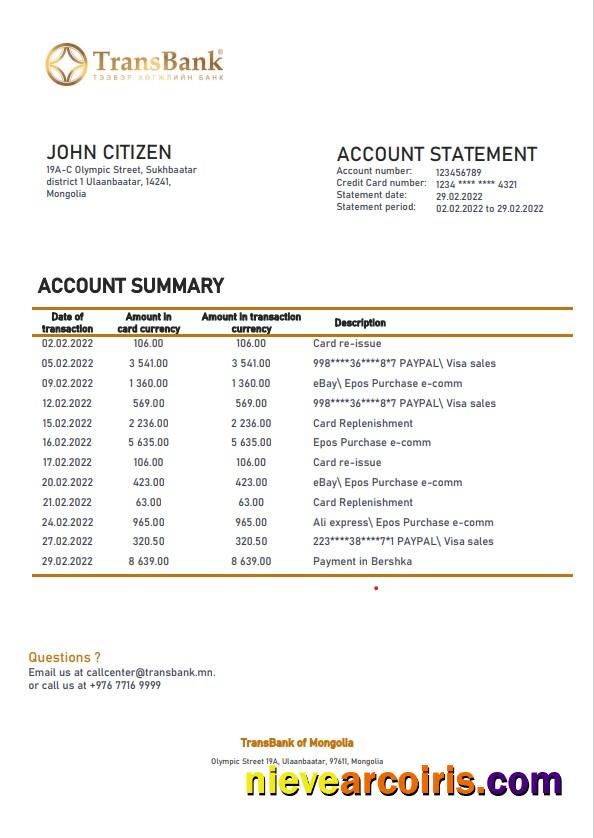Editable Mongolia Transbank Bank Statement Template In Word And PDF Format