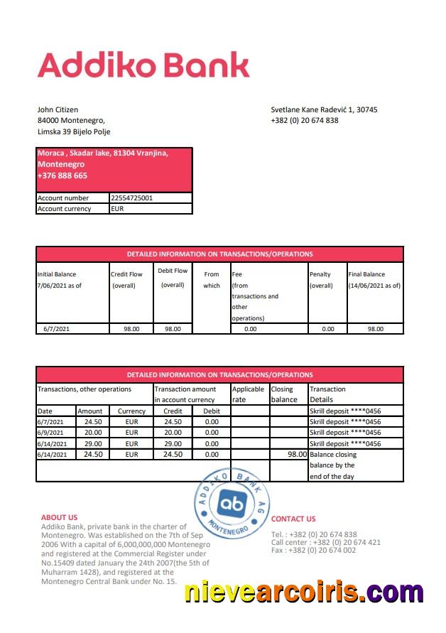 Montenegro Addiko Bank Excel Sample