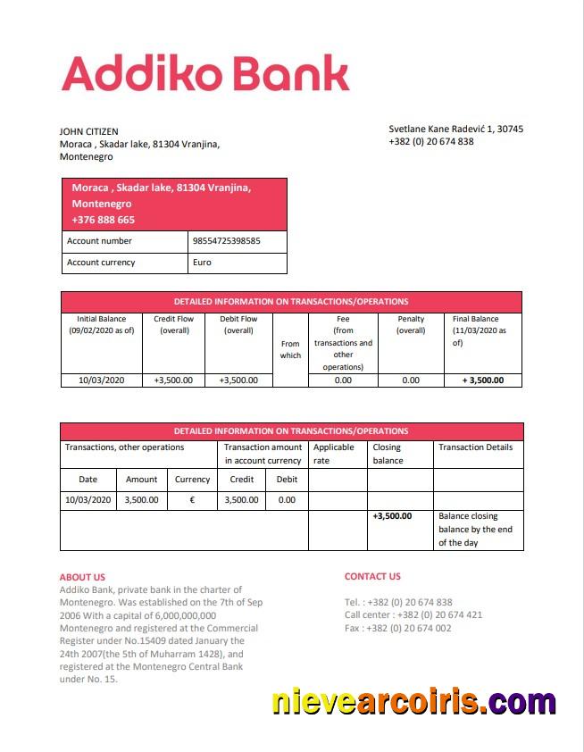 Montenegro Addiko Bank Statement Preview