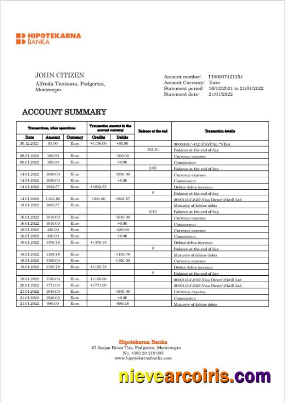 Montenegro Hipotekarna Bank Statement Preview