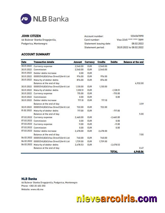 Montenegro NLB Bank Statement Xls Sample