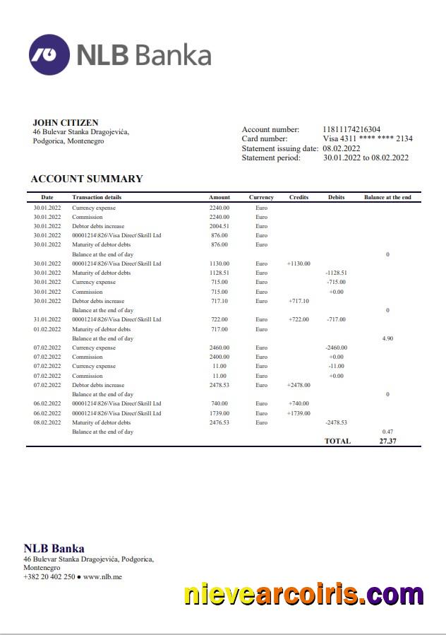 Montenegro NLB Bank Statement Template