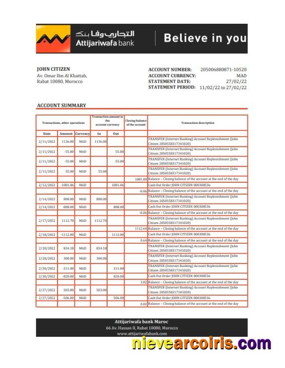 Morocco Attijariwafa Bank Statement Xls Sample