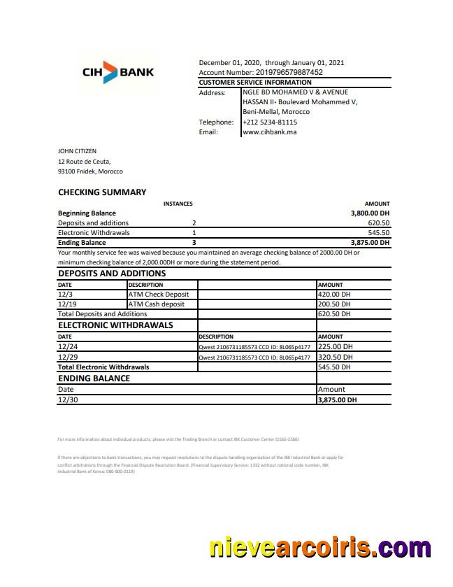 Morocco CIH Bank Excel Pdf Sample
