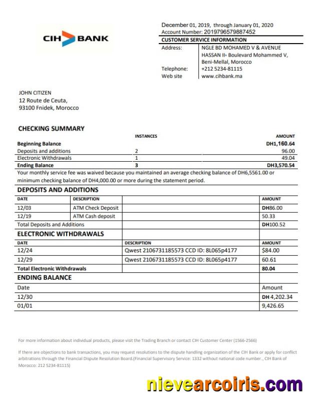 Premium Morocco CIH Bank Proof Of Address Statement Template In Word And PDF Format
