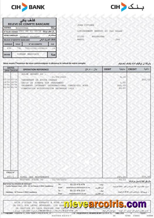 Morocco CIH Bank Statement Sample