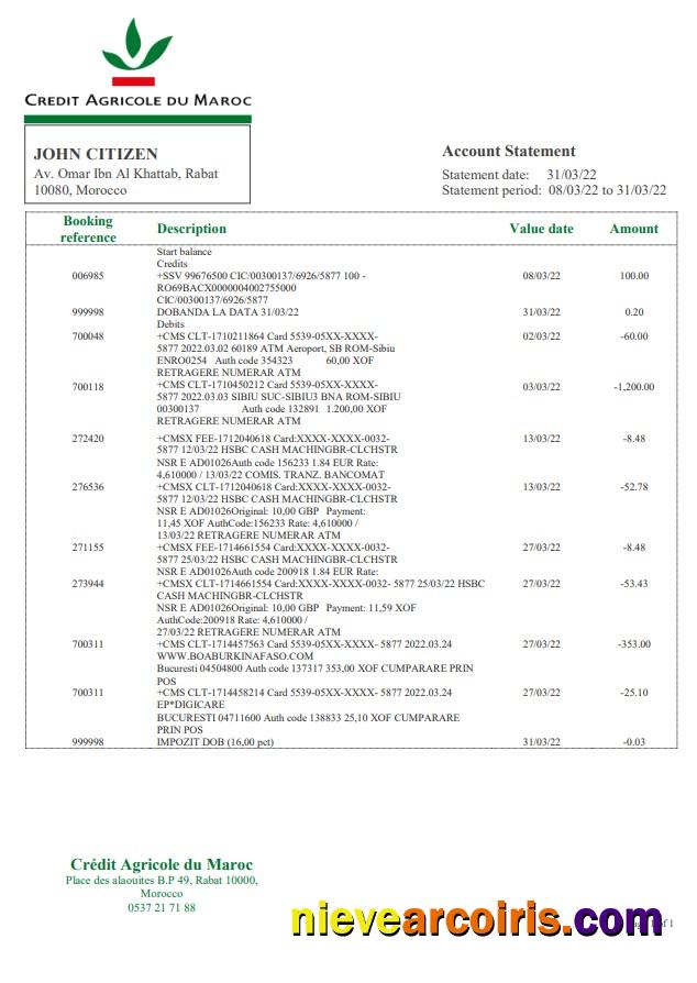 Editable Morocco Credit Agricole Bank Statement Word And PDF Template