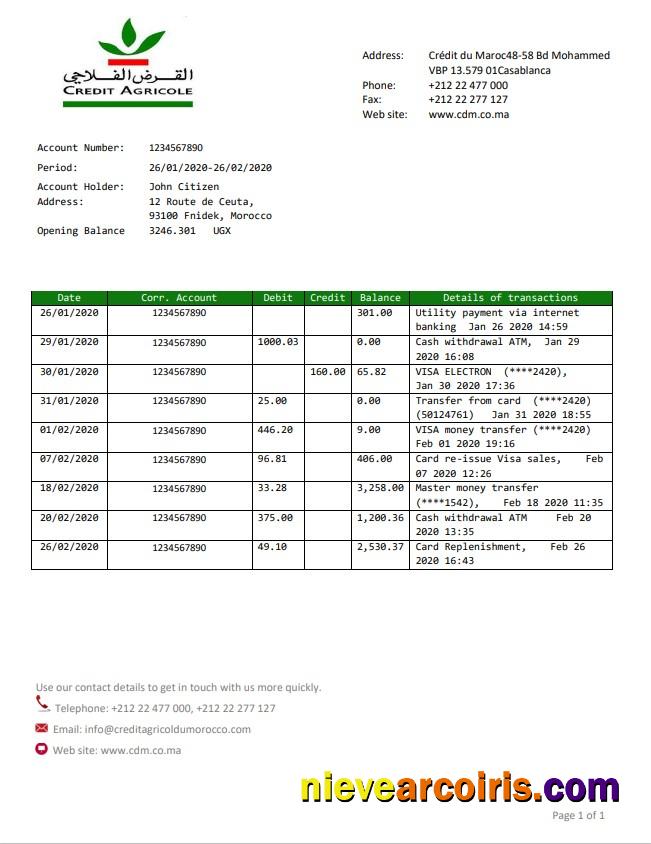 Professional Morocco Credit Agricole Bank Statement Template In Word And PDF Format, Good For Address Prove