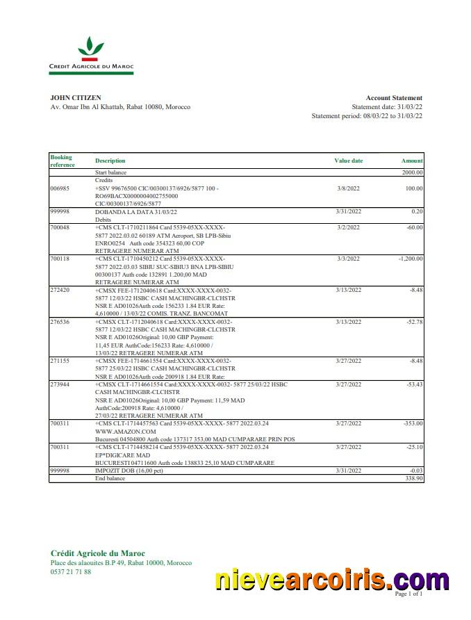 Morocco Credit Agricole Bank Statement Preview