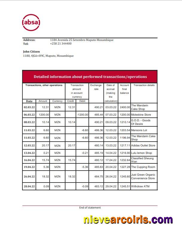 Professional Mozambique ABSA Bank Statement Excel And PDF Template