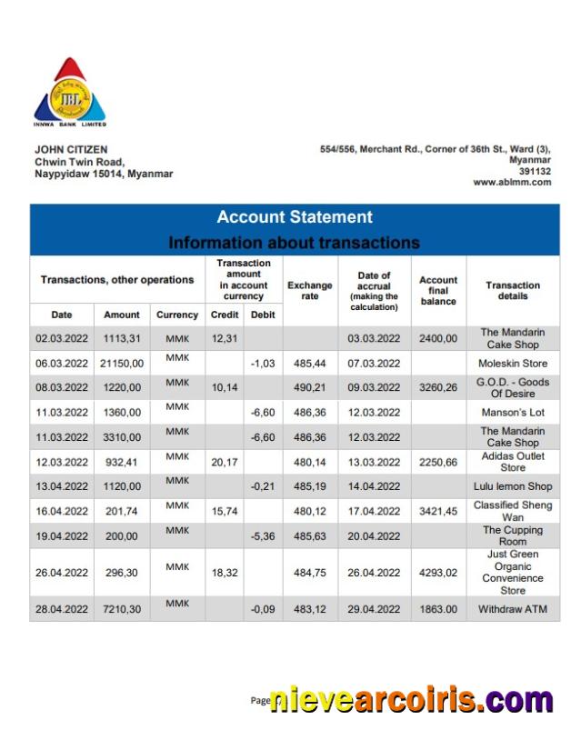 Myanmar Innwa Bank Bank Statement Preview