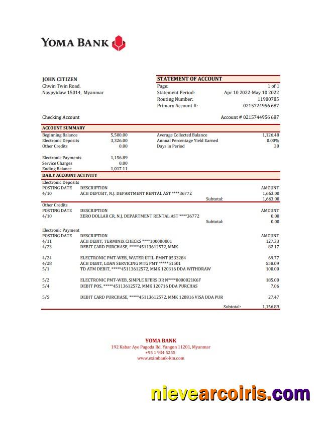 Myanmar Yoma Bank Statement Template