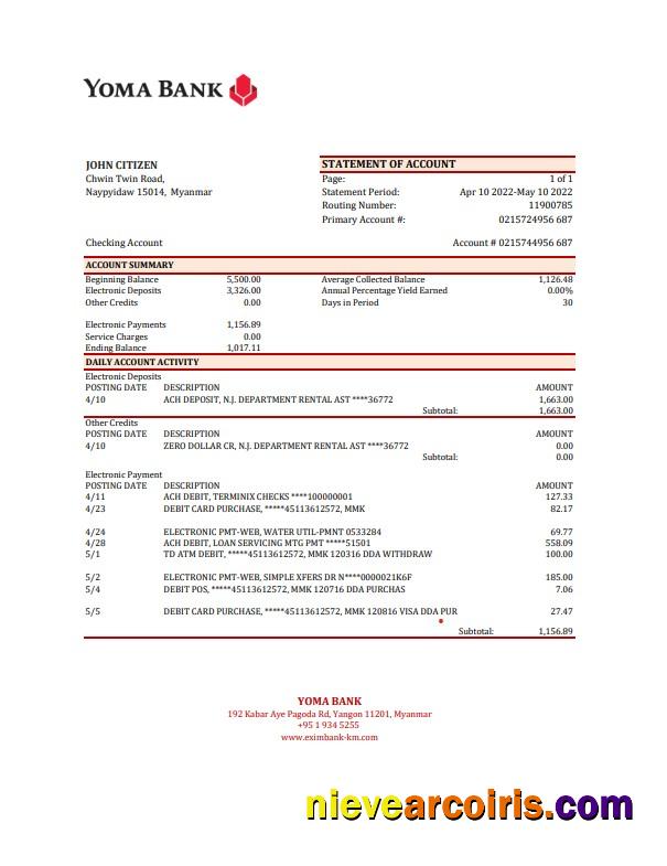 Editable Myanmar Yoma Bank Statement Excel And PDF Template
