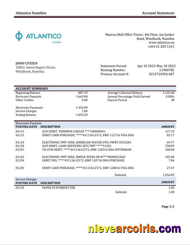 Namibia Atlantico Bank Statement Preview